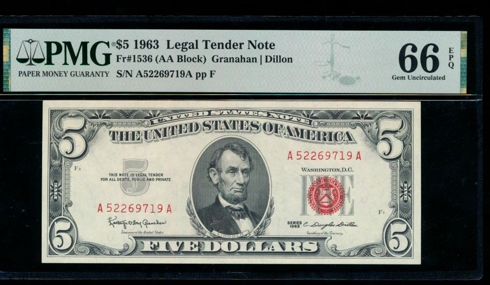 1963 $5 Legal Tender Note PMG 66EPQ