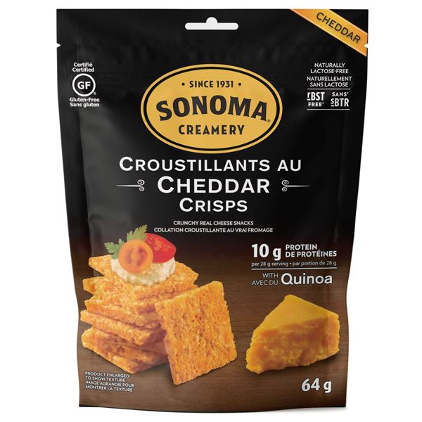 NEW 12 X 64G CHEDDAR CRISPS SONOMA CREAMERY