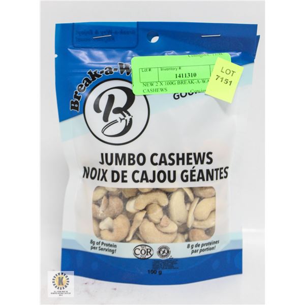 NEW 2 X 100G BREAK-A-WAY JUMBO CASHEWS