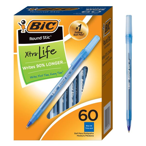 NEW 60 BIC ROUND STIC XTRA LIFE BLUE INK BALL PENS