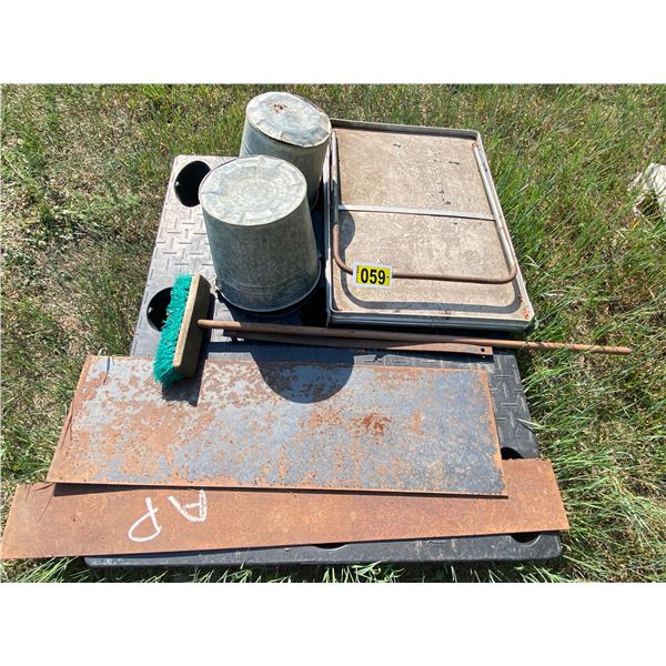 AP Misc., Steel Plating, 2 Pails, broom, folding table