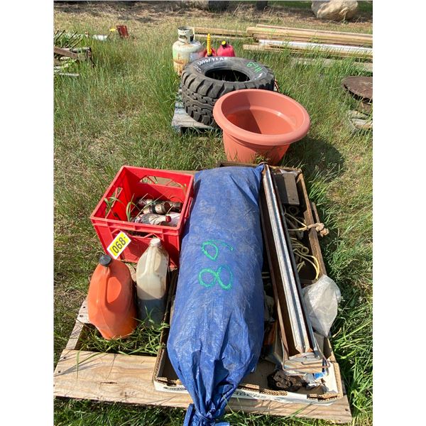 AP Pallet of grease, oil, misc., rope, chain & tarp , misc bolts & roller chain