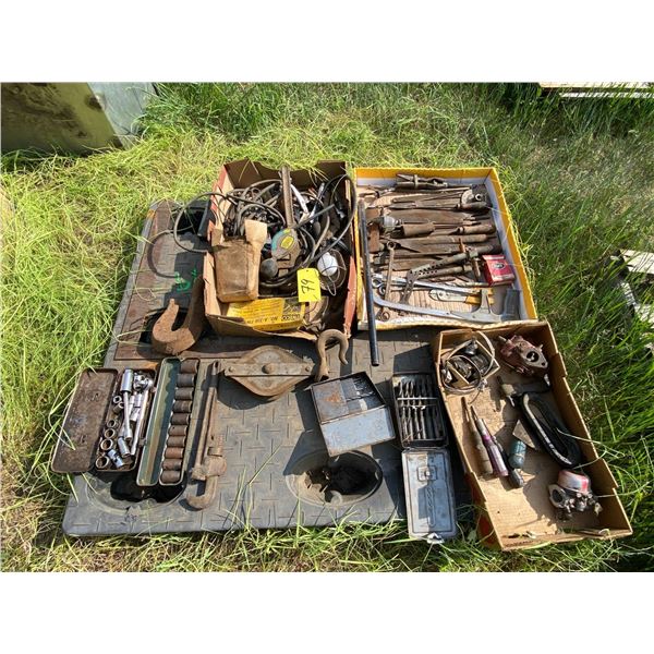 AP pallet of misc files, drill bits & various handtools, pulley and large chain hook