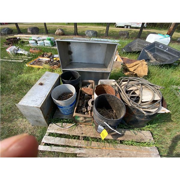 AP misc. pallet with a Stainless tub, boxes of bolts, old grinder, old elevator chain & quantity of 