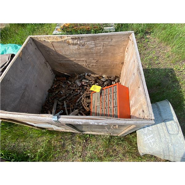 AP Box of various bolts/nuts, orange tool box, shelving, old tub