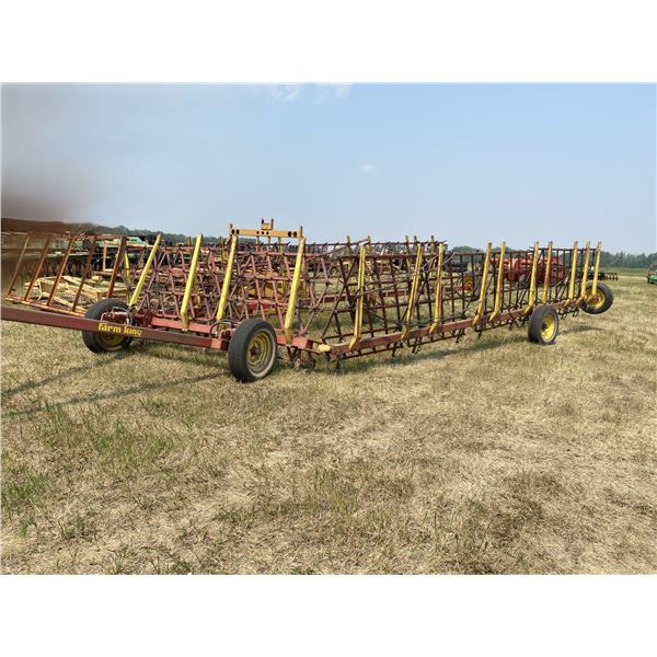 RN Farm King 10 section 5ft. diamond Harrows c/w draw bar (rear left wheel barring needs to be repla