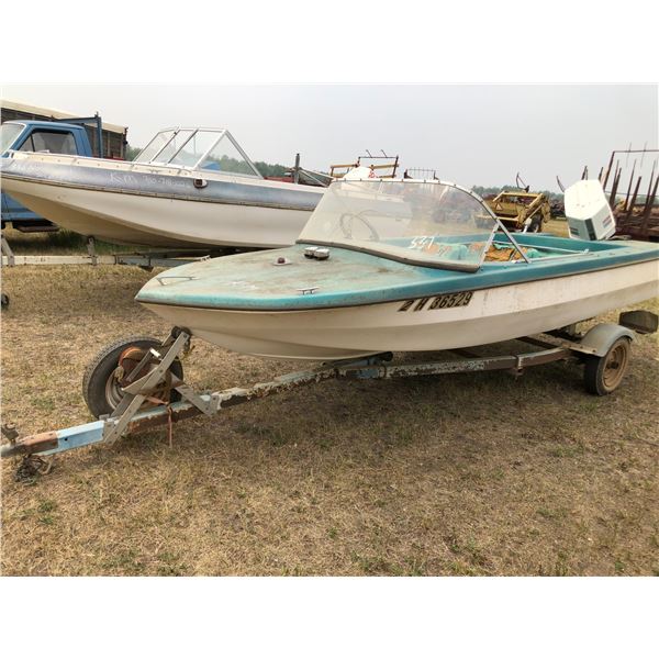 KM 14ft. Glasstrong Boat Blue & White no serial numbers visible Trailer c/w Chrysler 55 hp Sold with