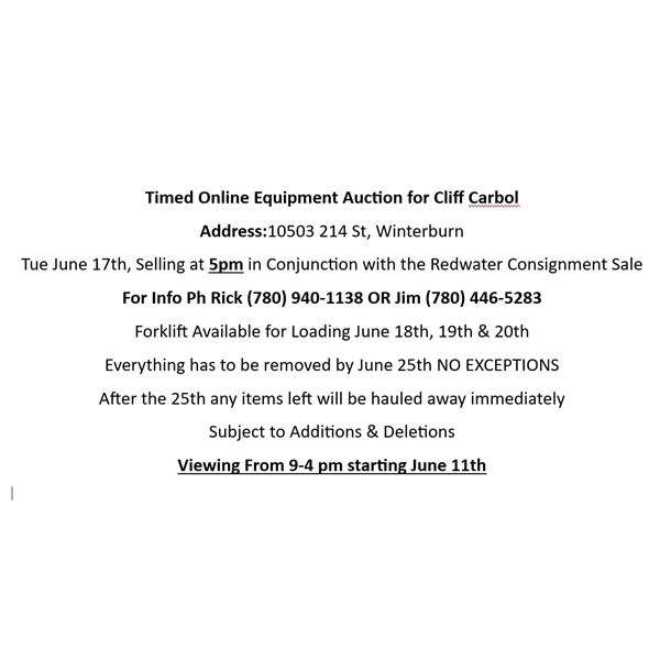 Timed Online Equipment Auction for Cliff Carbol