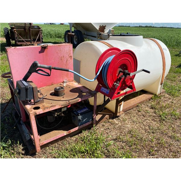 Skid Frame c/w pressure washer, approx. 200 Gallon Polly Tank, Hose Reel c/w Vanguard 12 1/2 hp. Mot