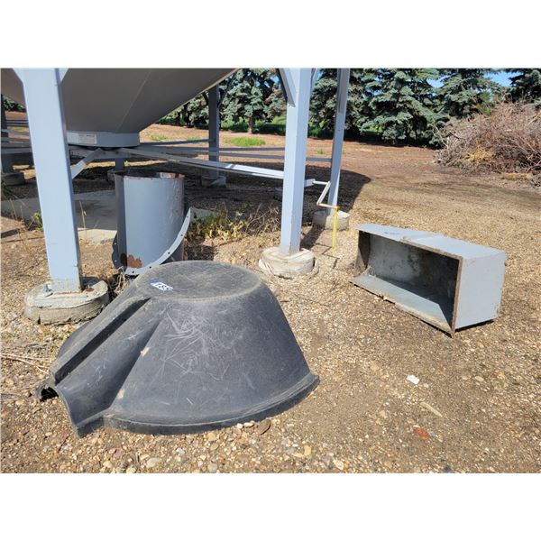 Black plastic auger hopper (broken on one side), grey steel shoot & approx. 18in. X 30 in. piping. A