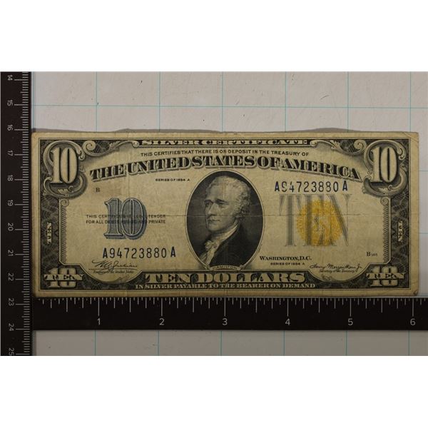 1934-A US $10 NORTH AFRICA YELLOW SEAL SILVER CERT