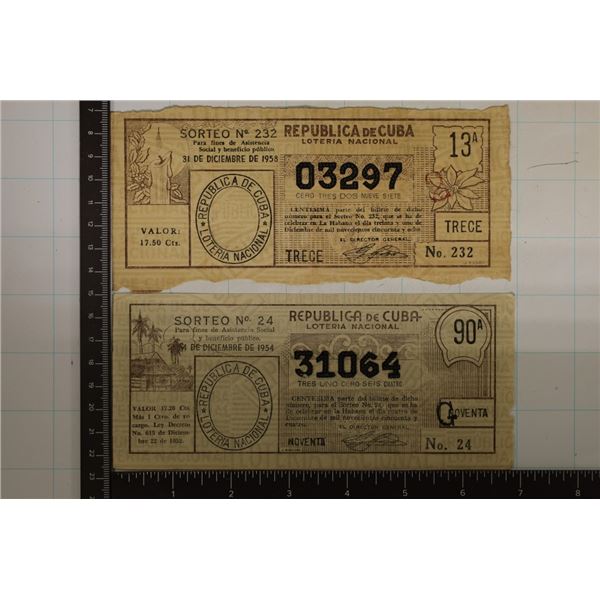 2 VINTAGE CUBA LOTTERY TICKETS: 1954 & 1958
