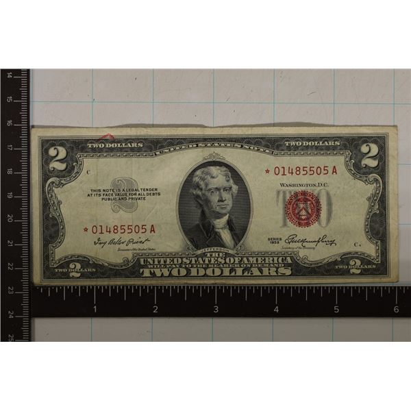 1953 US $2 RED SEAL STAR NOTE, SMALL RED INK TOP