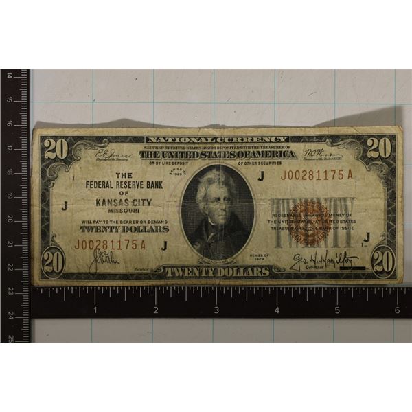 1929 US $20 NATIONAL CURRENCY OF KANSAS CITY