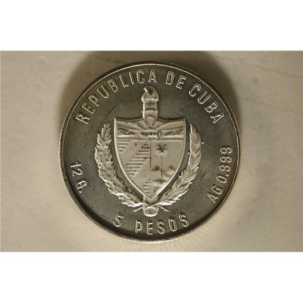 1980 CUBA SILVER 5 PESO UNC COIN .3854 OZ. ASW