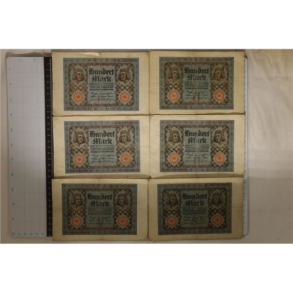 6-1920 GERMAN 100 MARK BILLS ALL CIRCULATED WITH