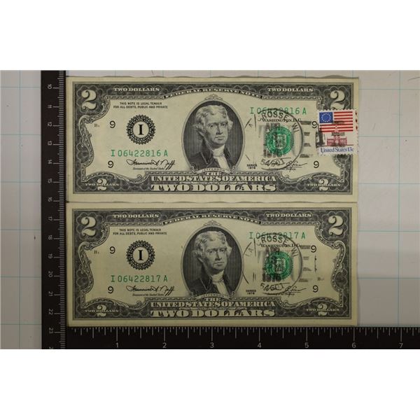 2-1976 US $2 FRN'S WITH CONSECUTIVE SERIAL NUMBERS