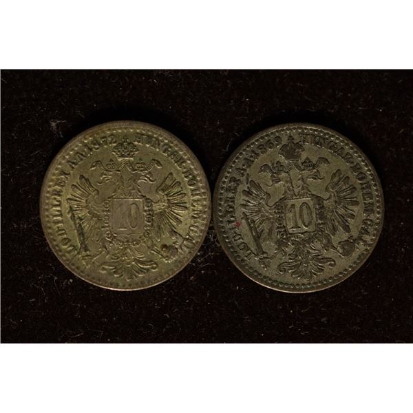1869 & 1872 AUSTRIA SILVER 10 KRUEZER COINS