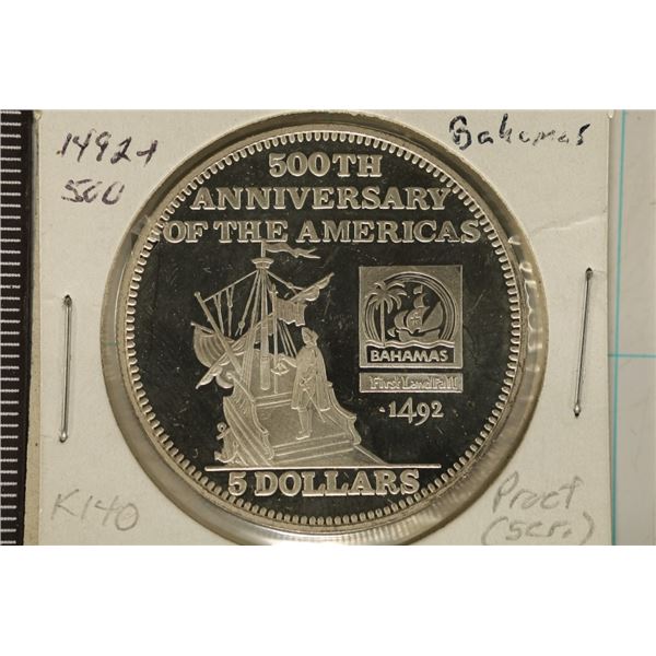 1991 BAHAMAS SILVER $5 PROOF COIN. .5781 OZ. ASW