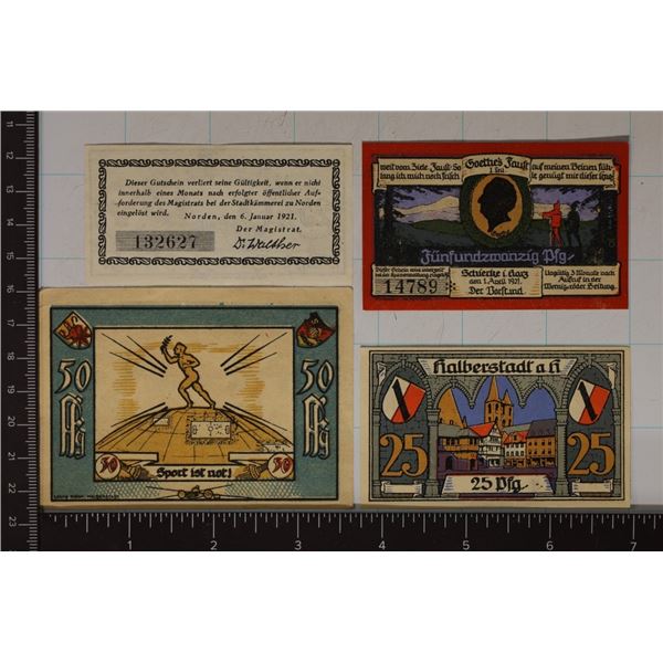 4 CRISP UNC GERMAN NOTGELDS: 1920-25 PFENNIGS,