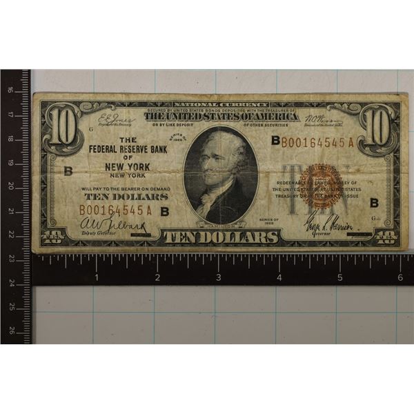 1929 US $10 NATIONAL CURRENCY OF NEW YORK