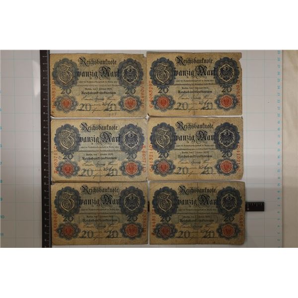6-1908 GERMAN 20 MARK BILLS ALL CIRCULATED