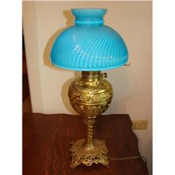 Brass Hurricane Style lamp w/Blue Swirl Shade