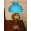 Image 1 : Brass Hurricane Style lamp w/Blue Swirl Shade
