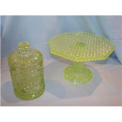 Vaseline Glass Cake Plate & Biscuit Jar