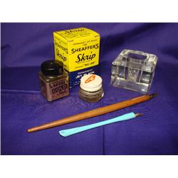 Glass Inkwell, Ink & 2 Pens