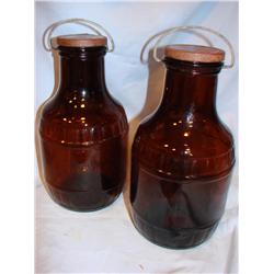 2 Old Brown Glass Jars w/Metal Handles