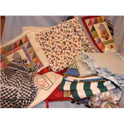 Linens, 2 Aprons, quilt squares, fabric, variety!