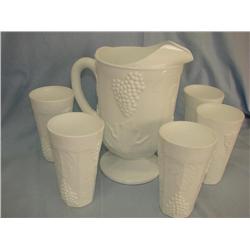 Milk Glass Footed Pitcher & 6 Tumblers