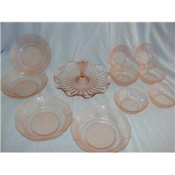 Pink Depressionware Bowls & Relish Tray