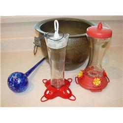 Brass Planter, Hummingbird Feeders, Glass Waterer
