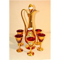 Six Red 7 Gold Stemmed Wine Glasses w/Pitcher