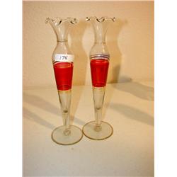 Two Clear Red & Gold Glass Vases