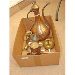 Brass Candle Holders/Pitchers/Box of Contents