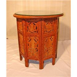 Carved Small Wood Round Glass Top Table