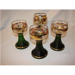 Four Green & Gold Commemorative Wine Glasses