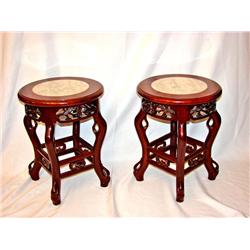 Two Round Wooden Marble Top Stands