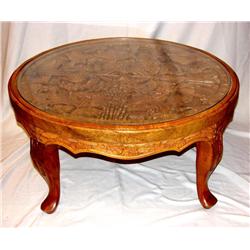 Round Wood Carved Glass Top Coffee Table