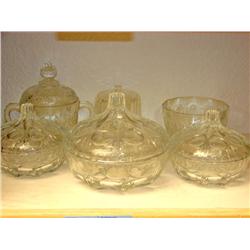 Six Pressed Glass Bowls/Lids