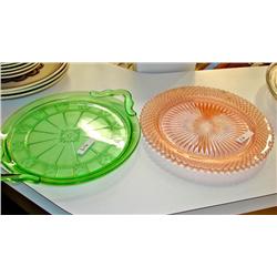 Green Glass Tray/Pink Cut Glass Dish