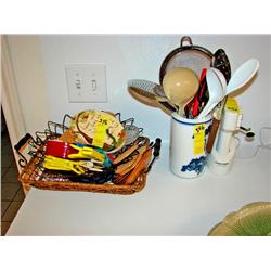 B&D Can Opener/Vase of Kitchen Spoons/Basket of