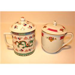 Two China Tea Cups Pink Floral/Green Dragon