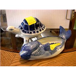 Blue & White Ceramic Fish & Turtle
