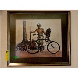 Framed Pen & Ink Man with Coconuts