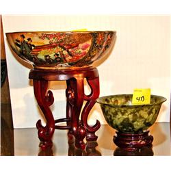 Jade Green Bowl w/Stand, Ornate Gold Bowl