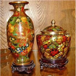 Green Floral & Brass Urn & Vase